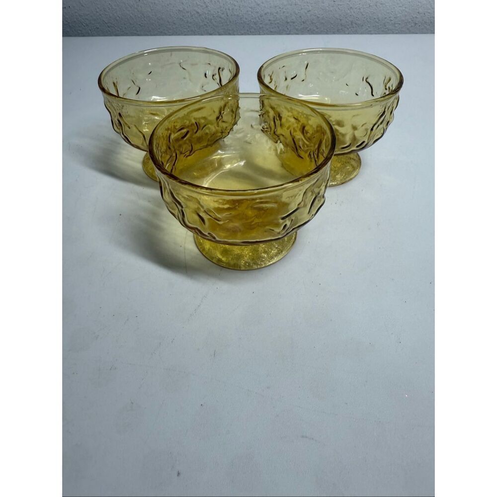 Set Of 3 Lido Milano Anchor Hocking Amber Glass Crinkle Dessert Cups Bowls